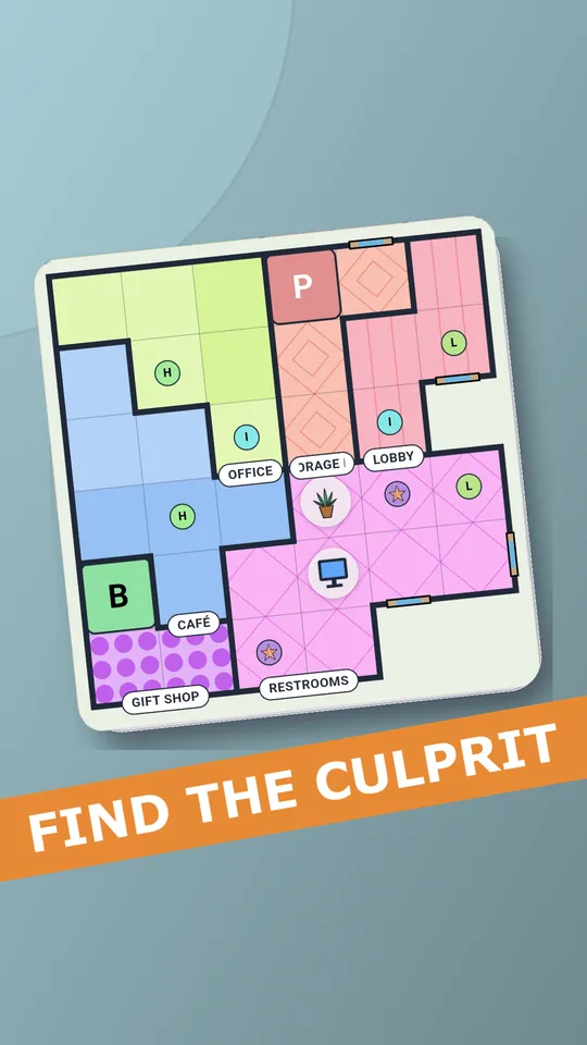 Suspects placed on the map with their color and initial